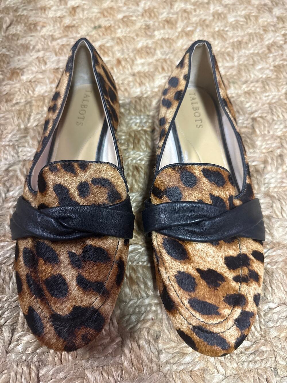 Talbots Hair Calf Loafers Womens 7.5M Leopard Print Black Leather Flats